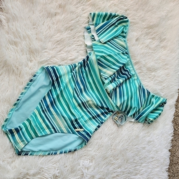 Vince Camuto azure printed off shoulder ruffled striped swimsuit Sz. 6 NWOT - Picture 4 of 6